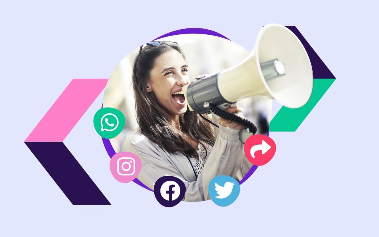 Frau mit Megafon und Empfehlungs-Symbolen