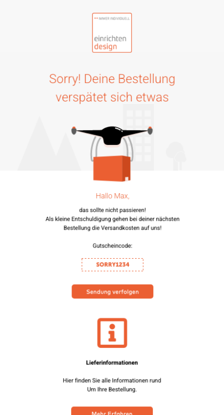 Mitteilung von verspäteter Bestellung bei Einrichten Design