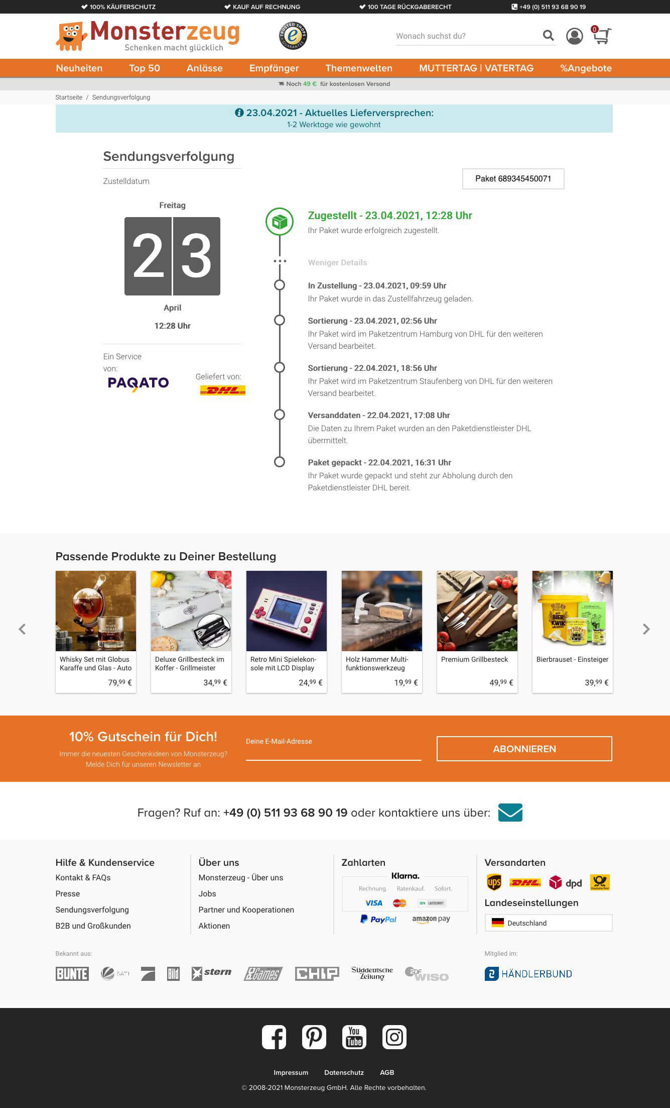 Sendungsverfolgung von Monsterzeug durch Paqato